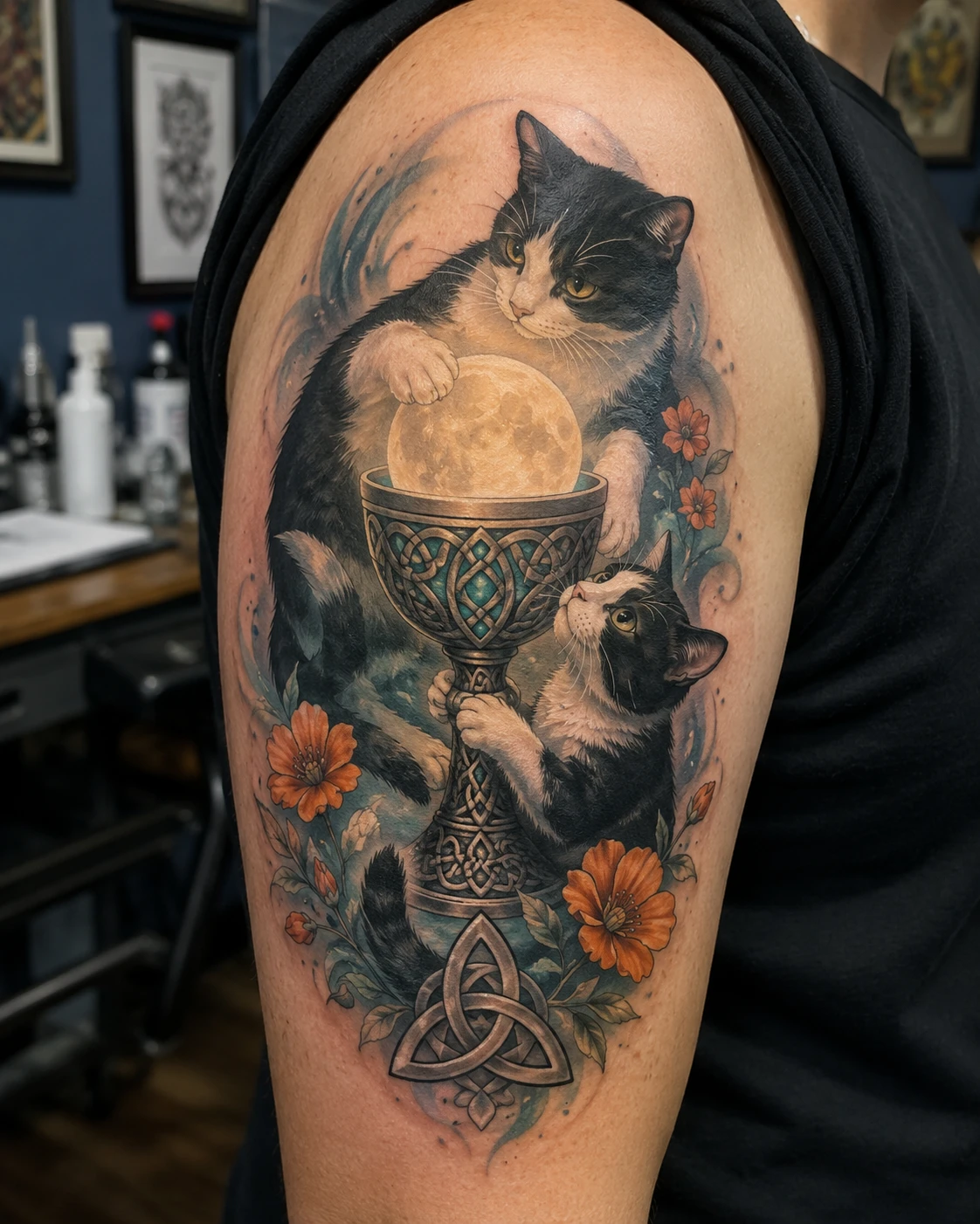 Two cats and moonlit Celtic chalice tattoo on upper arm