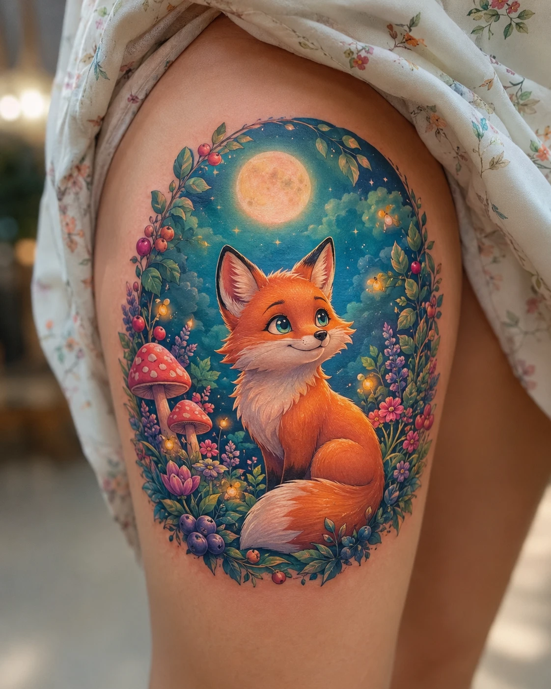 Orange fox beneath a full moon among mushrooms and wildflowers