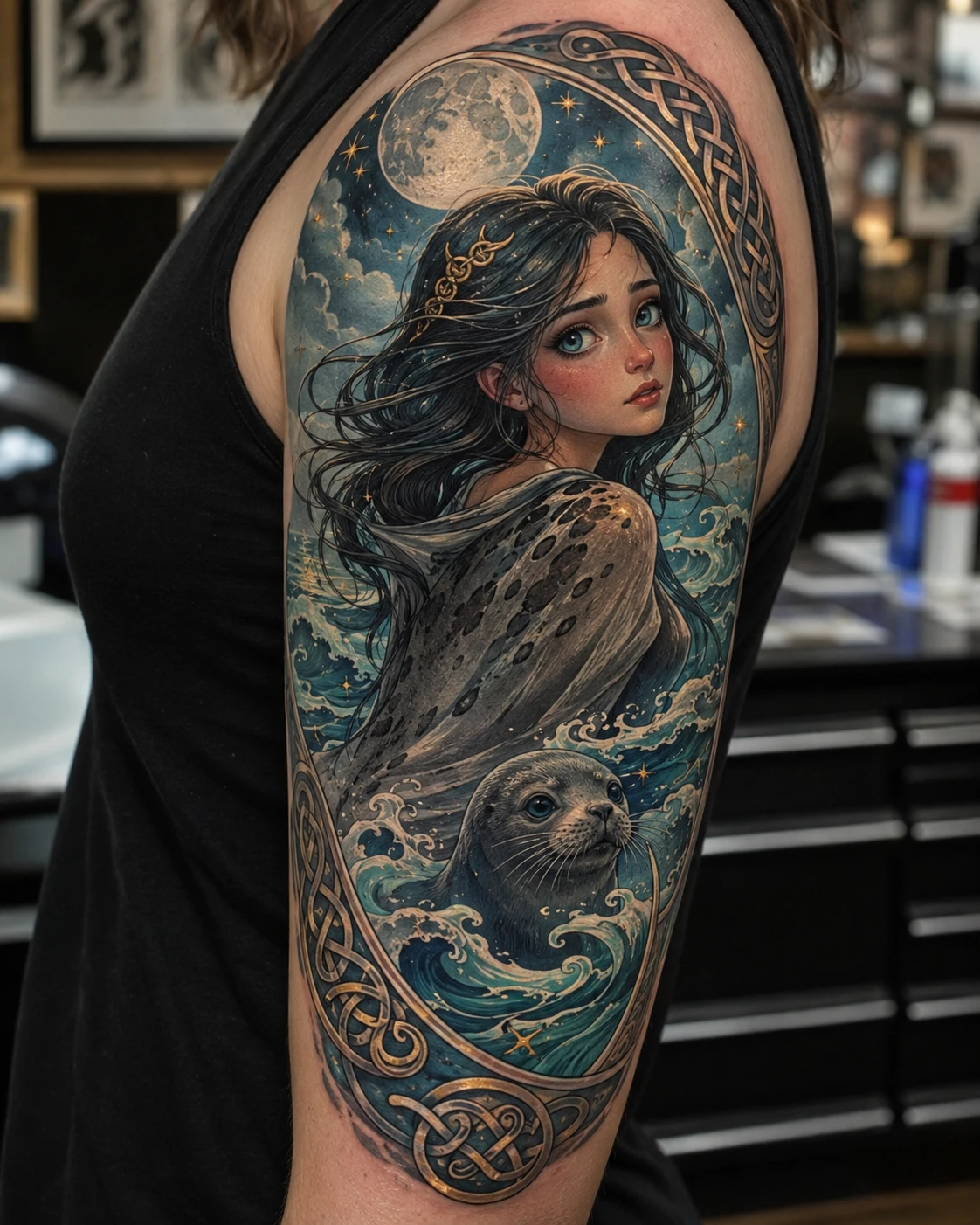 Moonlit woman and surfacing seal inside a Celtic wave frame