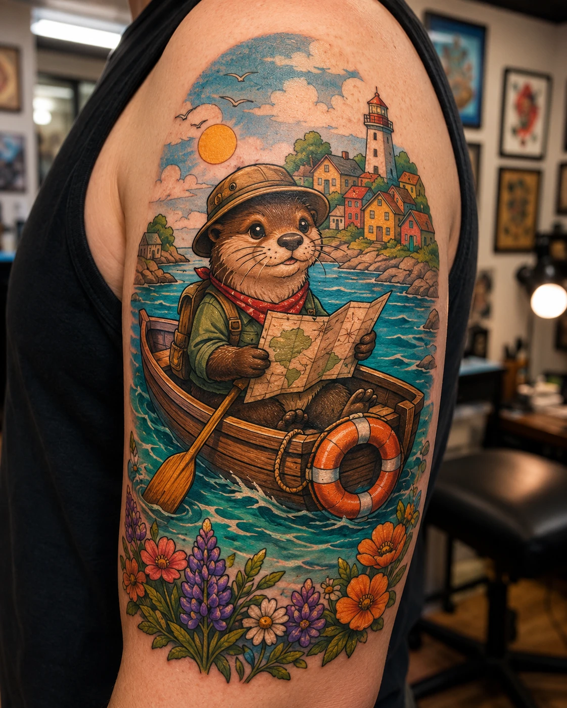 Colour upper-arm tattoo of an otter reading a map in a boat near a lighthouse.