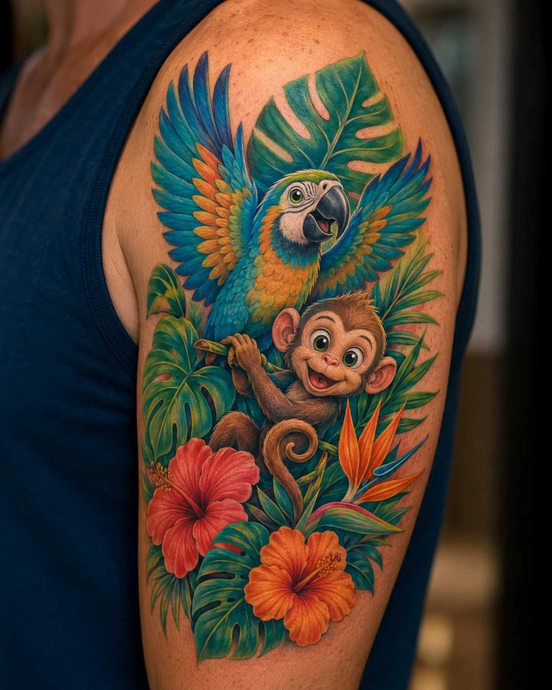 Bright parrot and curious monkey share a lush canopy of hibiscus, broad leaves and vivid jungle colour.