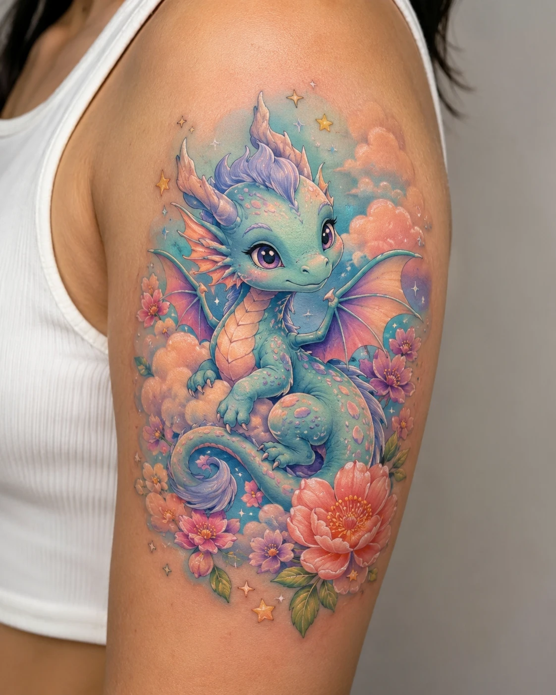 Small blue dragon curled above coral peonies and pastel clouds