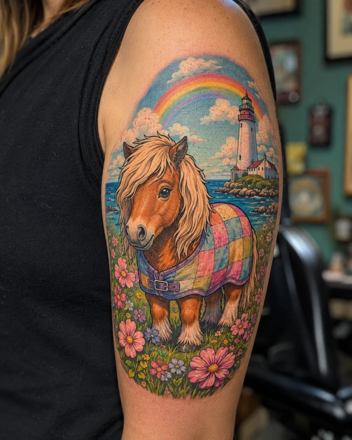 Pony in patchwork blanket tattoo beneath rainbow on upper arm