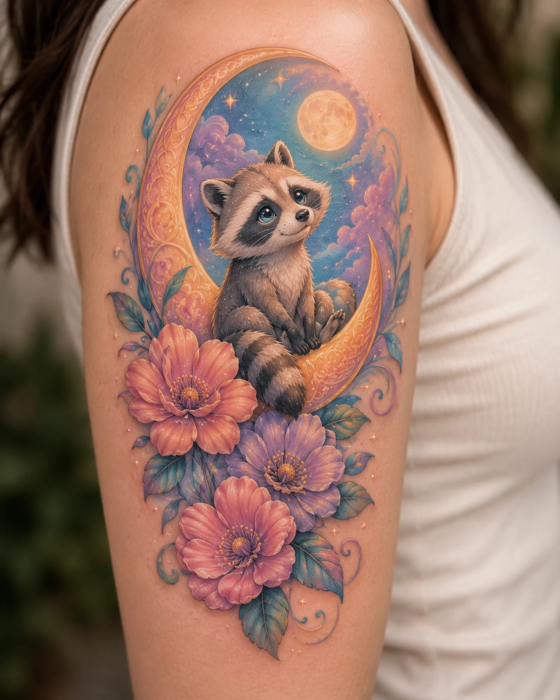 Orange raccoon perched on a crescent beside pink blossoms