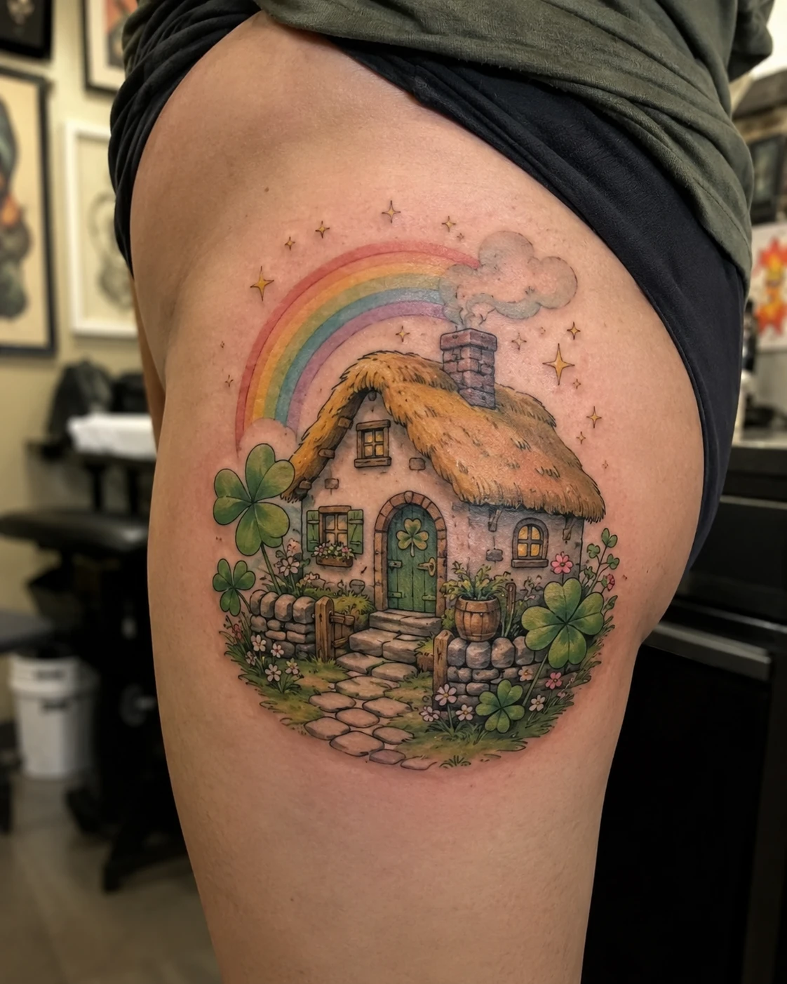 Colour cottage tattoo with rainbow and shamrocks on upper arm