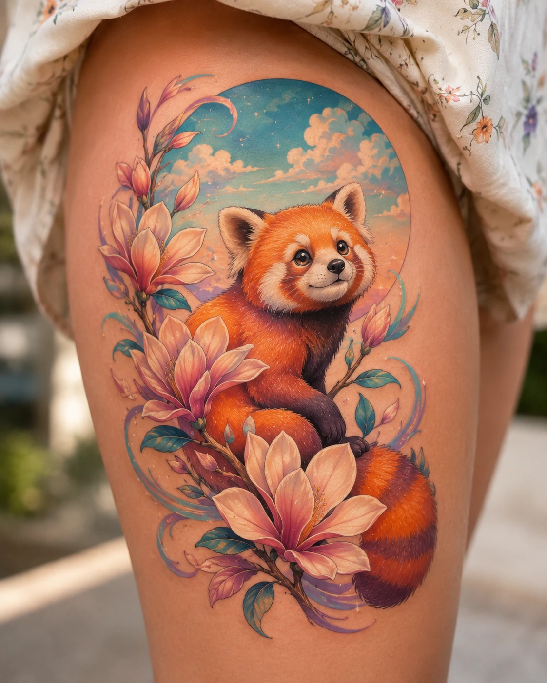 Bright red panda nestled among cream magnolias and blue leaves