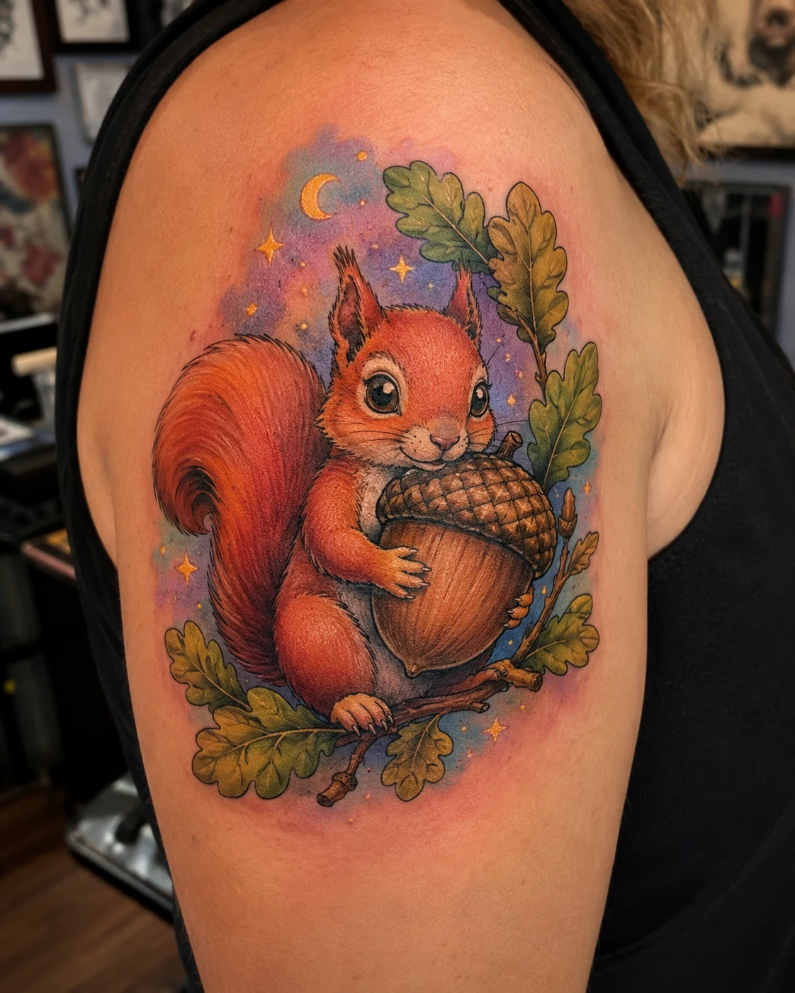 Red squirrel holding acorn tattoo among oak leaves on upper arm