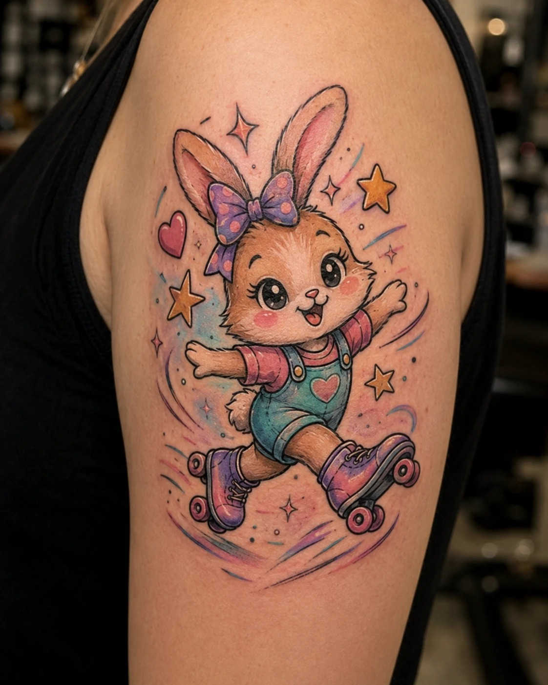 Colour upper-arm tattoo of a rabbit in overalls and a bow on roller skates.