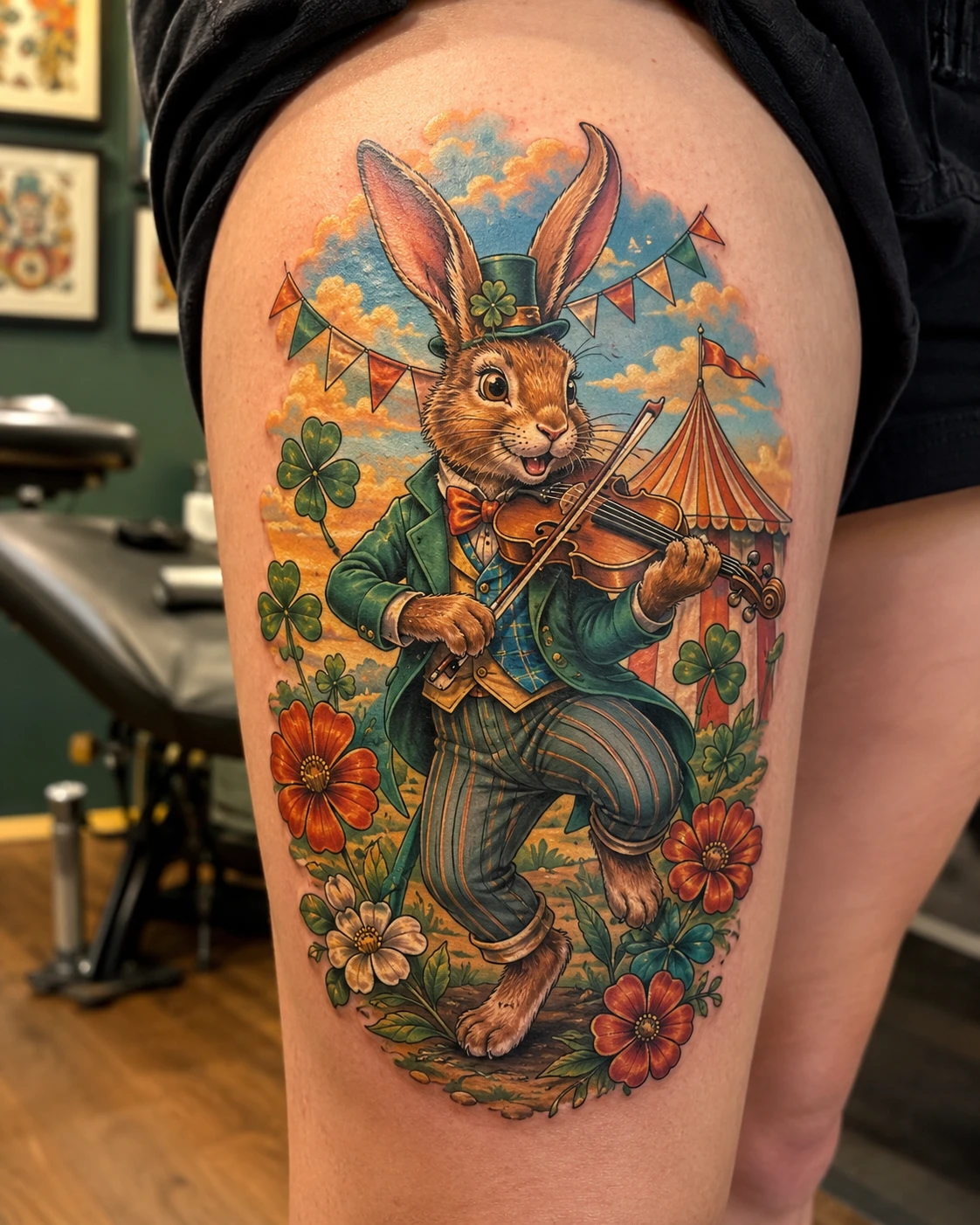 Violin-playing rabbit in a shamrock hat among clovers, flowers and bunting.