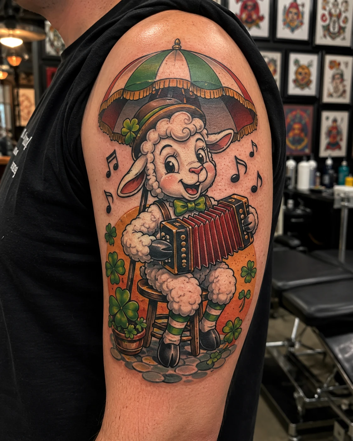 Smiling sheep plays an accordion in lively folk dress with warm greens, golds and musical motion.