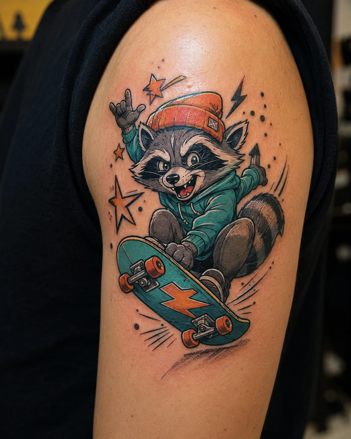 Colour cartoon raccoon riding a teal skateboard on the upper arm