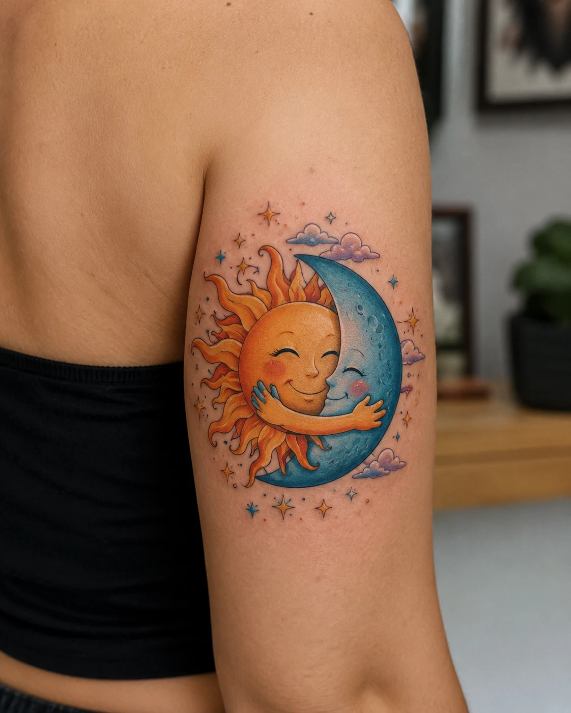 Smiling sun and crescent moon tattoo embracing on upper arm