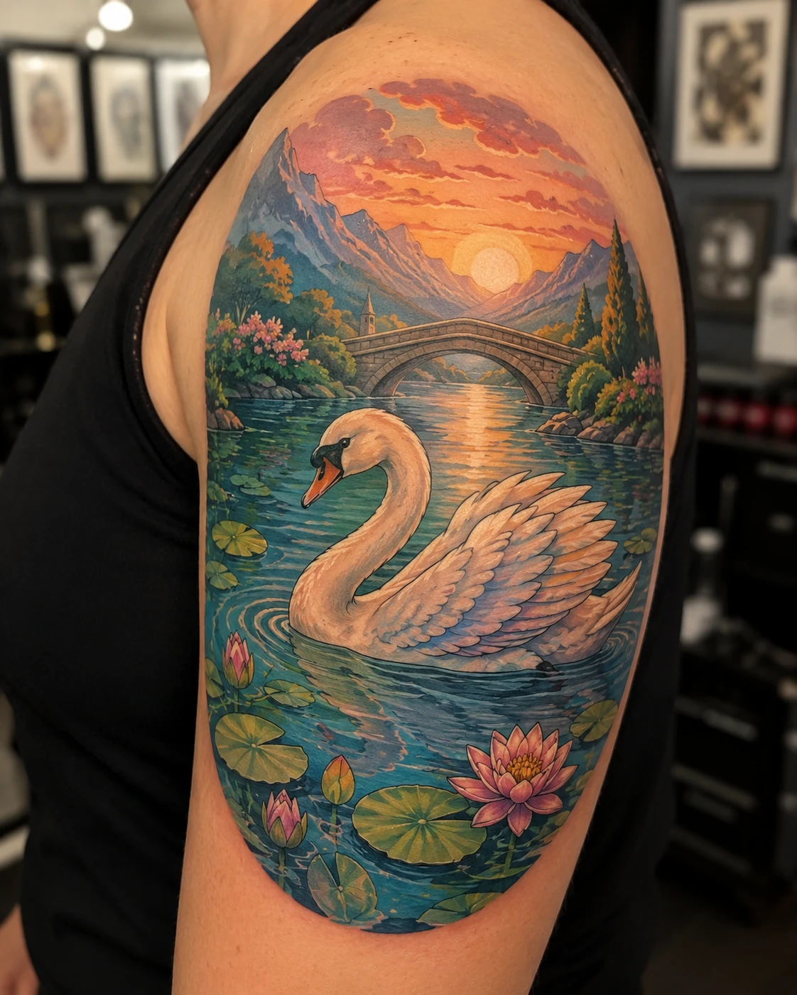 White swan on a lily pond beneath an arched sunset bridge