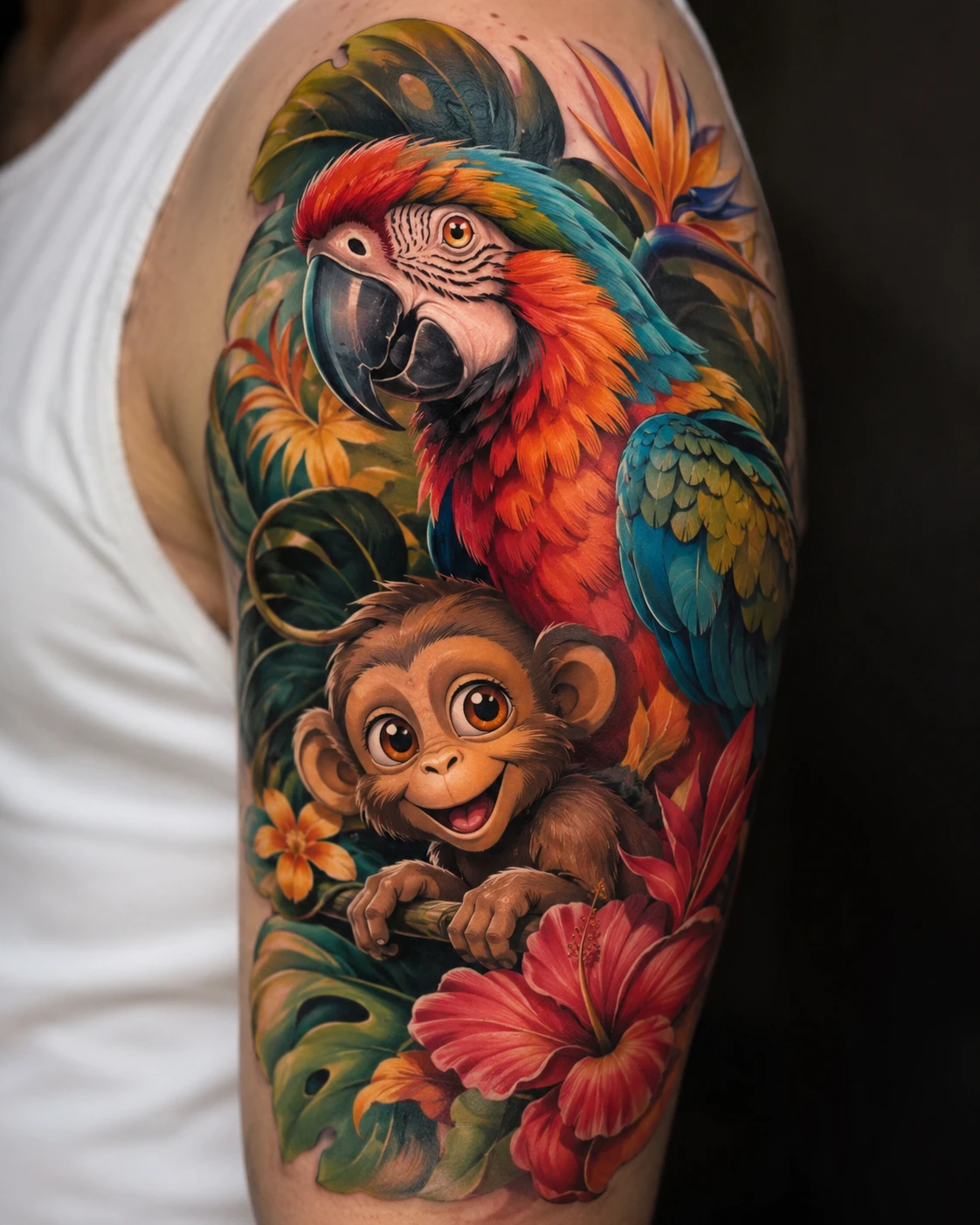 Scarlet macaw above a grinning monkey on a branch among monstera leaves and hibiscus, on an upper arm