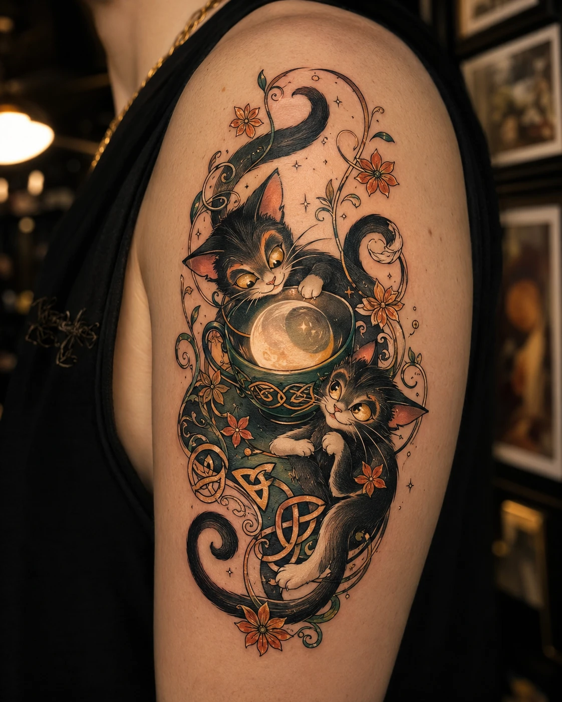 Two cats beside a glowing moon-like ball, Celtic knots and orange flowers.