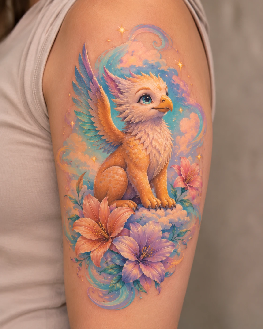 Golden winged kitten sitting among peach and violet flowers