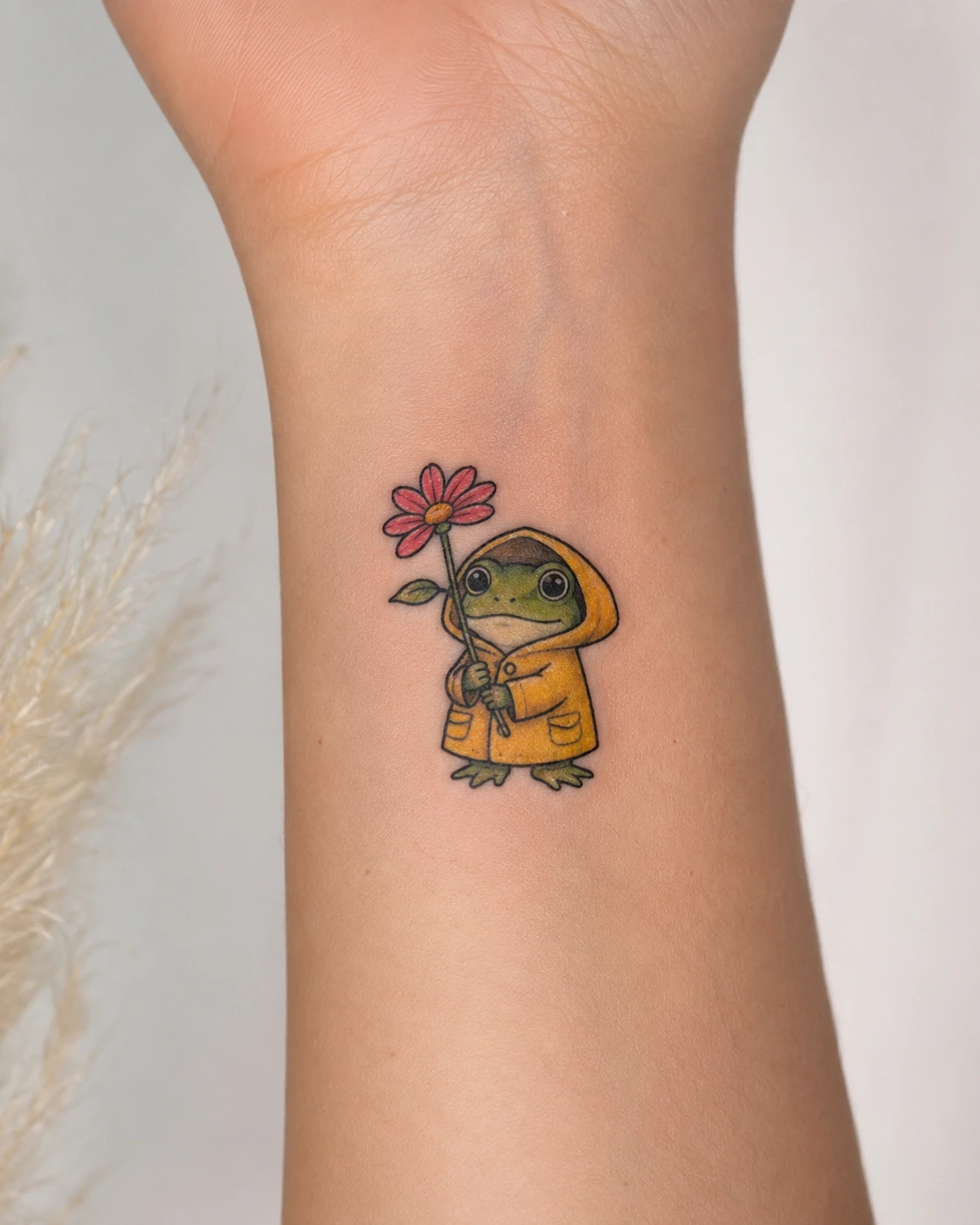 Tiny cartoon frog in a yellow raincoat holding a flower on the wrist